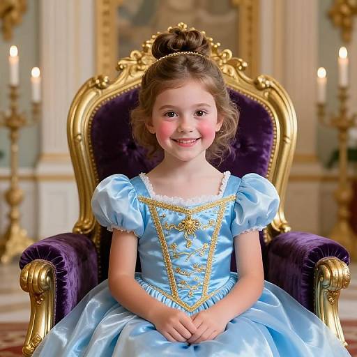 Photograph of a smiling young girl with rosy cheeks, wearing a light blue, satin, puffed-sleeve princess dress with gold embroidery,