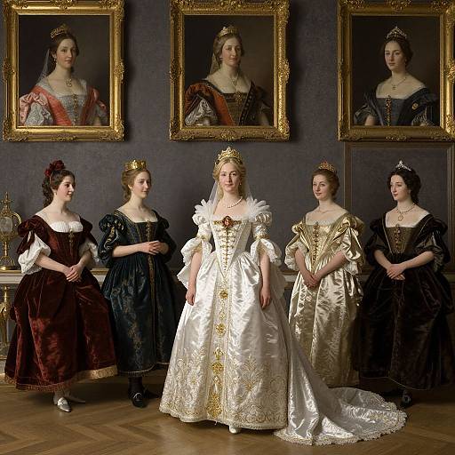 Photograph of five women in 18th-century royal gowns, standing in front of framed portraits, wearing elaborate golden crowns, against a dark