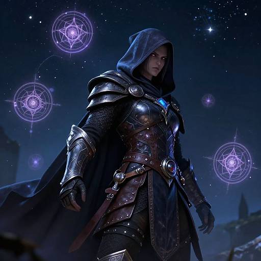 CGI image of a dark-blue armored mage with glowing purple magical circles in a starry night sky, hood up, intense gaze.