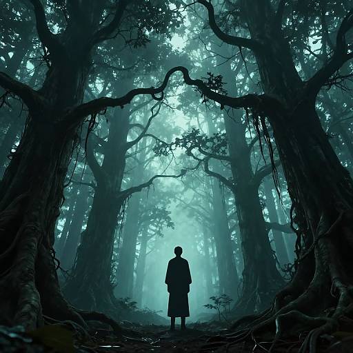 Silhouetted Figure in Mystical Forest