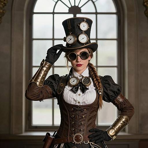 Steampunk woman in black corset, white blouse, top hat with clock gears, brass gloves, and goggles, adjusts hat in front of ar