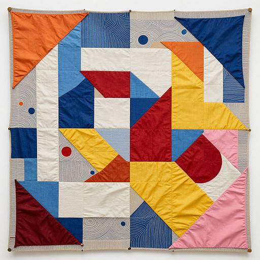 Vibrant geometric quilt with triangles in red, blue, yellow, white, and pink, accented with circles on a white background.