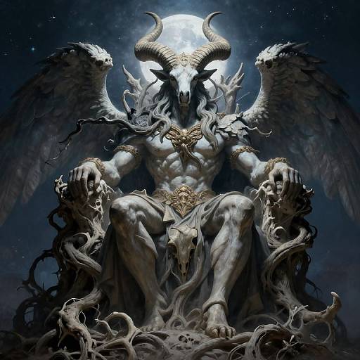 Digital artwork of a muscular, horned demon with wings, skeletal hands, and a goat skull, seated under a glowing moon.