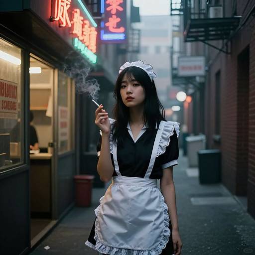 Young Japanese Waitress in Neon Alley