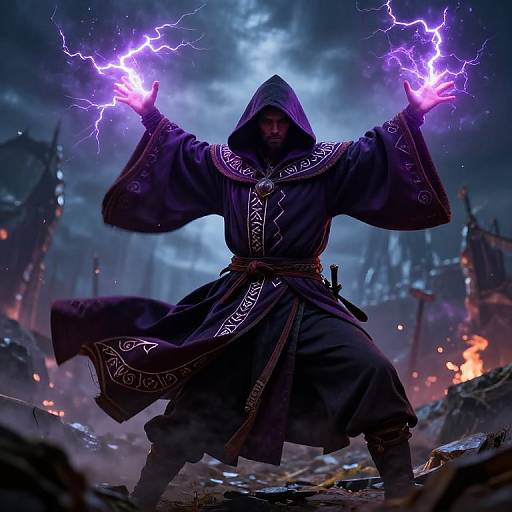 Dramatic Hooded Sorcerer in Storm