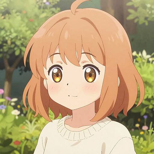 Anime-style digital drawing of a cute, young girl with short, light brown hair, large brown eyes, and a white sweater, set against a lush