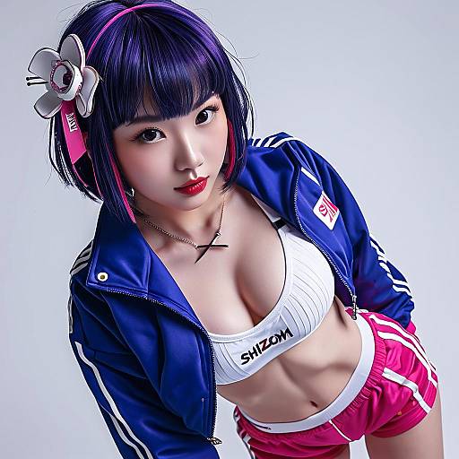 Digital anime-style illustration of an Asian woman with short black hair, wearing a blue jacket, white sports bra, and pink shorts. She has a flower