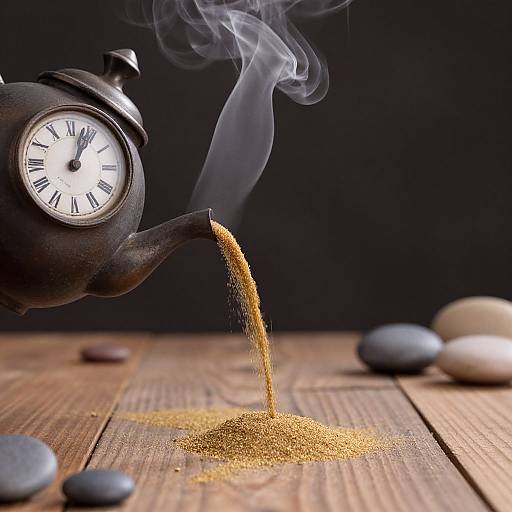 Photograph of a black, vintage teapot pouring golden, smoking powder onto a wooden surface with smooth, colored stones scattered.