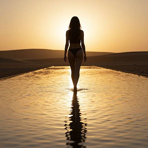 Silhouetted woman in bikini walking through reflective water at sunset, golden sky, and distant hills, creating a serene, symmetrical image.