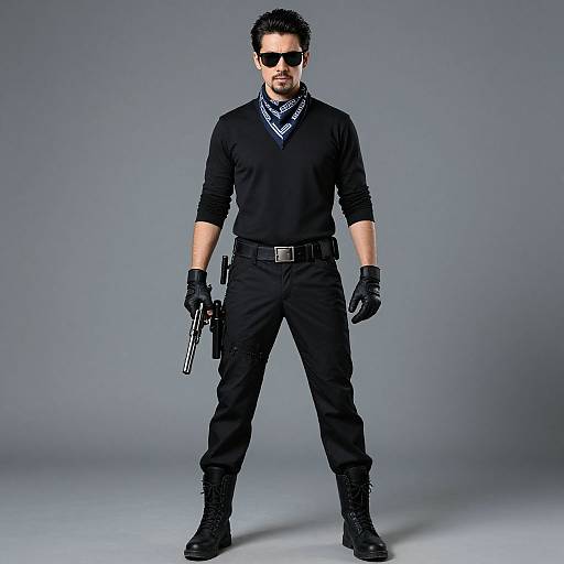 Photograph of a muscular man with dark hair and beard, wearing black sunglasses, shirt, pants, gloves, and boots, holding a gun, standing