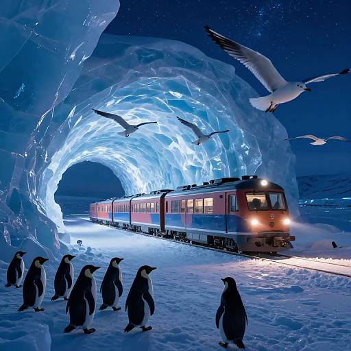 Photograph of a red train passing through an illuminated, icy blue archway with penguins and seagulls in a snowy, starry night landscape