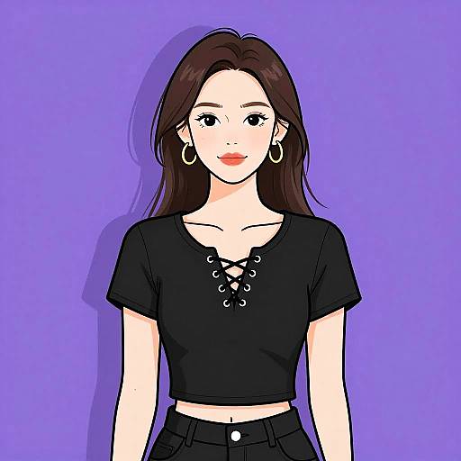Digital anime-style drawing of a young woman with long brown hair, wearing a black lace-up crop top and black high-waist pants, against a