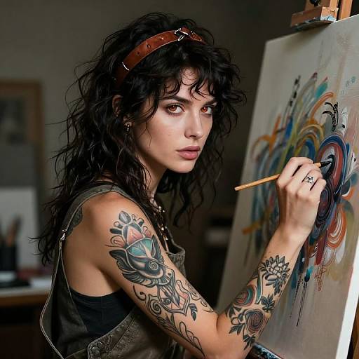 Tattooed woman with black curly hair and red headband paints abstract art on canvas, holding a brush, in a dimly lit studio.