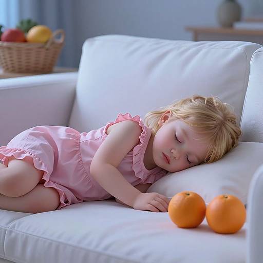 Photograph of a sleeping blonde toddler in a pink ruffled dress on a white couch, with two oranges in the foreground.