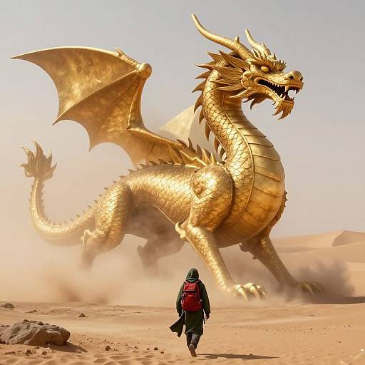 Photograph-style digital artwork: Golden dragon with large wings strides through dusty desert, towering over a lone hiker in a red backpack.