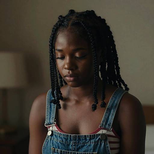 Photograph of a young Black woman with dark skin and braided hair, wearing denim overalls, gazing downward in a dimly lit room.