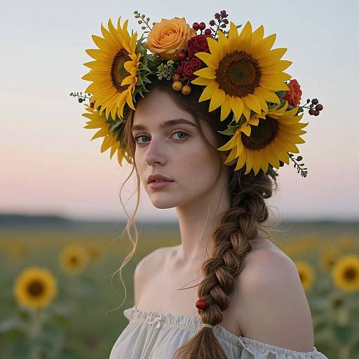 Photograph of a fair-skinned, young woman with a braided brown hair, wearing a sunflower and rose head wreath, off-should