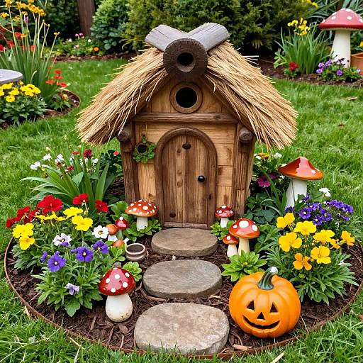Photograph of a whimsical wooden fairy house with thatched roof, surrounded by colorful flowers, mushrooms, and a carved pumpkin, set in a vibrant