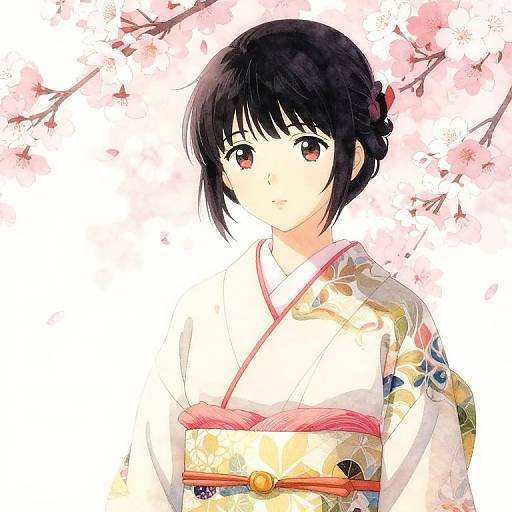 Anime-style digital drawing of a young woman with short black hair, red eyes, wearing a floral-patterned white kimono, against a pink cherry blossom