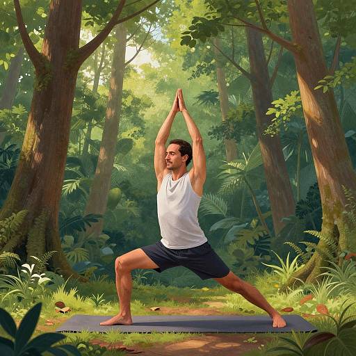 Photograph of a man in white tank top and black shorts, performing a yoga tree pose on a mat in a sunlit, lush forest.