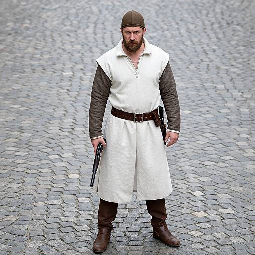Medieval Man with Gun on Cobblestone Street