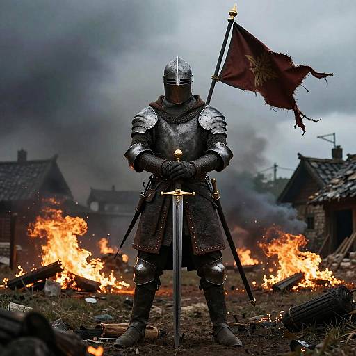 Defiant Medieval Knight Amidst Burning Village