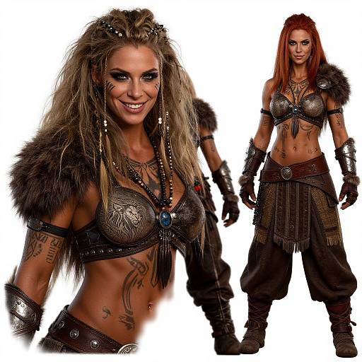 Photograph of a muscular, tattooed, red-haired woman in tribal warrior attire: metallic bra, fur shoulder, beaded necklace, leather pants,