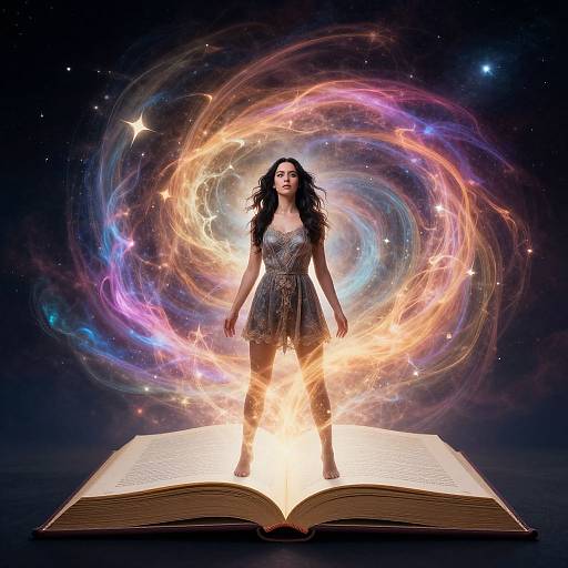 Digital artwork of a dark-haired woman in a sparkly dress standing on an open book, surrounded by swirling, colorful cosmic energy.