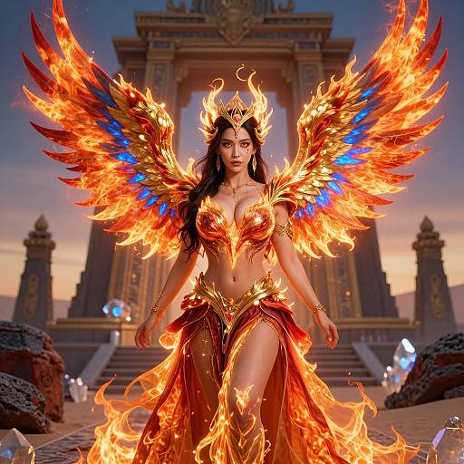 Digital art of a fiery-winged goddess with orange and blue wings, wearing a red, fiery armored outfit, standing before an ancient temple at sunset.