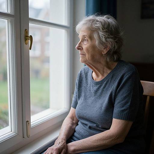 Photograph of an elderly woman with short, curly gray hair, wearing a dark blue knit top, sitting by a sunlit window, gazing outside