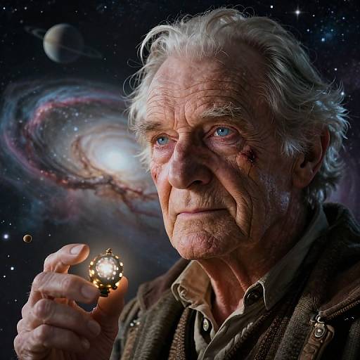 Photograph-style digital artwork of an aged, white-haired man with blue eyes holding a glowing orb, set against a starry space background with a spiral