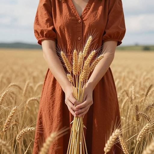 Photograph of a woman in a rust-red dress, standing in a golden wheat field, holding a bundle of ripe wheat.