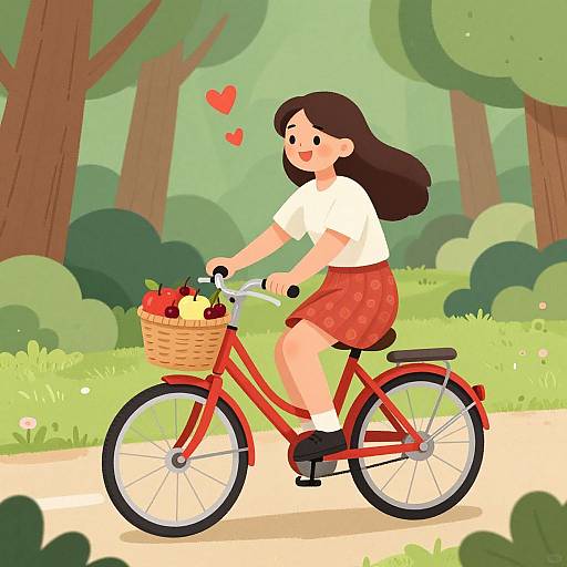 Cartoon-style illustration of a smiling girl with long brown hair, wearing a white shirt and red skirt, biking through a forest, with a basket of