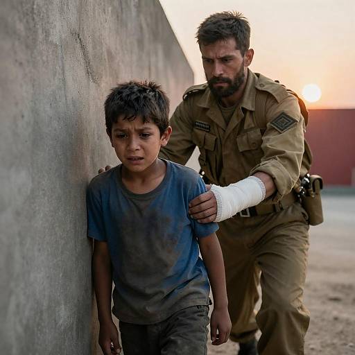 Bearded Soldier Holding Boy Against Wall