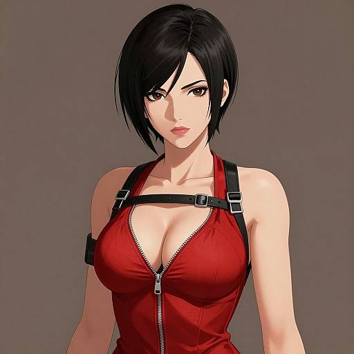 Digital anime-style drawing of a fair-skinned woman with short black hair, wearing a red, zippered, cleavage-revealing top with black