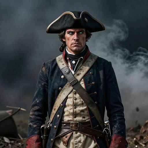 Photograph of a stern-faced male Revolutionary War soldier with a tricorn hat, dark blue coat, beige waistcoat, and brown belt, standing amid