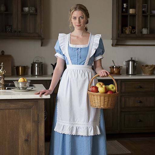 Photograph of a young woman with fair skin and blonde hair, wearing a blue and white Victorian-style maid dress, holding a basket of apples in a