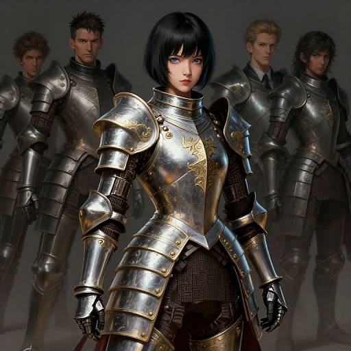 Photorealistic CGI of a fierce, blue-eyed Asian woman in ornate silver armor, flanked by four muscular men in similar armor, dark background