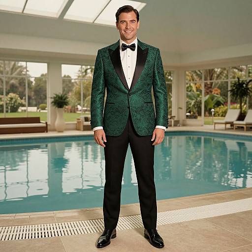 Photograph of a smiling man in a green velvet tuxedo with black bow tie, white shirt, standing by an indoor pool.