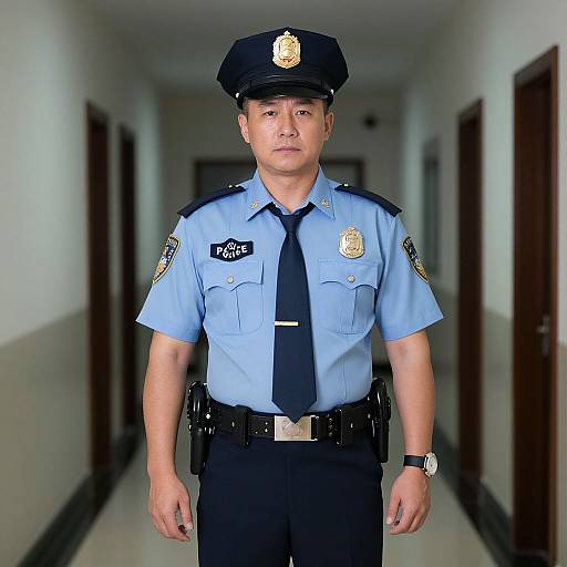 Photograph of an Asian male police officer standing in a hallway, wearing a light blue uniform, black tie, and hat, with a serious expression.