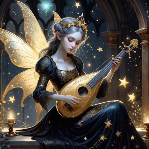 Enchanting Fairy with Golden Lute Art Enchanting Fairy with Golden Lute Art