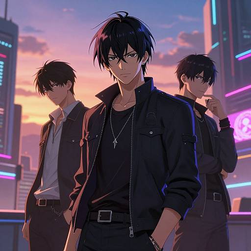Confident Anime Men in Futuristic Cityscape