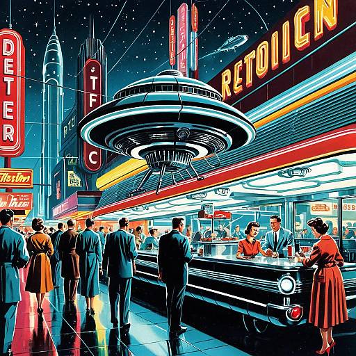 Retrofuturistic 1950s Neon Diner Street