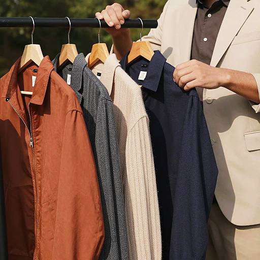 Man Holding Clothes on Hangers Outdoors