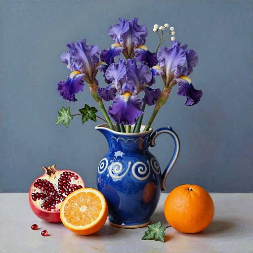 Cobalt Blue Pitcher with Floral Still Life
