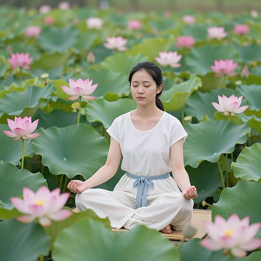 Meditative Woman Amid Lotus Blossoms