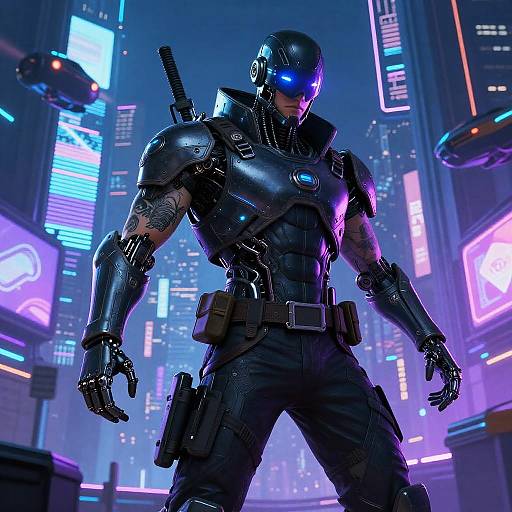 CGI sci-fi image of a muscular, armored cyber warrior with glowing blue visor, neon cityscape background, neon lights, futuristic, black tactical