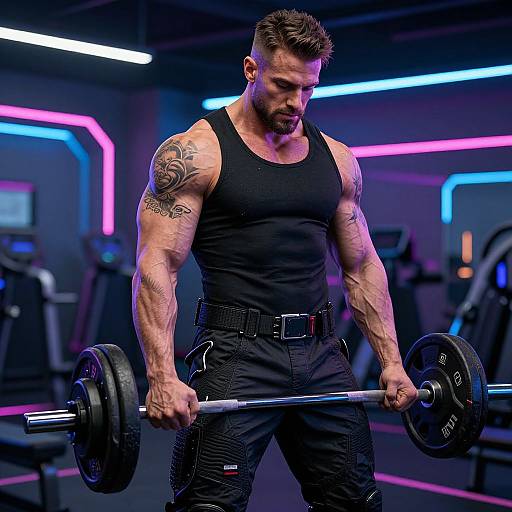 Muscular man with tattoos, black tank top, and black pants lifts a heavy barbell in a neon-lit gym. Photographic image.