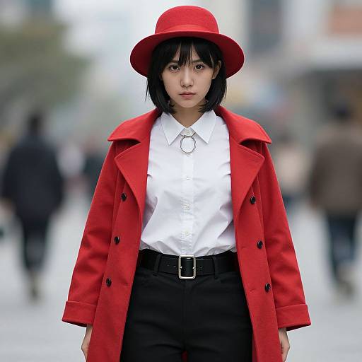 Photorealistic image of an Asian woman in a red hat and coat, white shirt, black pants, standing on a blurred city street.
