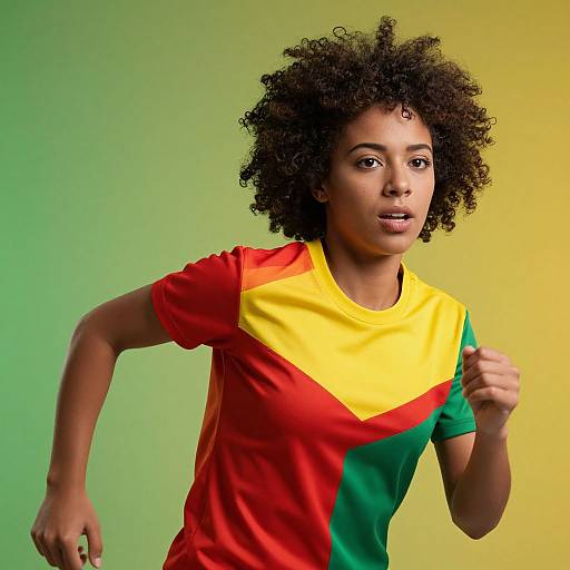 Photograph of a young Black woman with natural curly hair, wearing a red, yellow, and green jersey, running against a gradient green-yellow background.